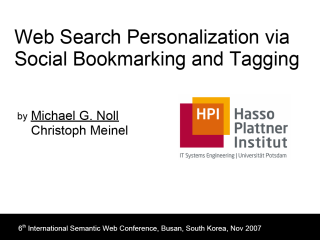 Cover of Presentation: Web Search Personalization via Social Bookmarking and Tagging
